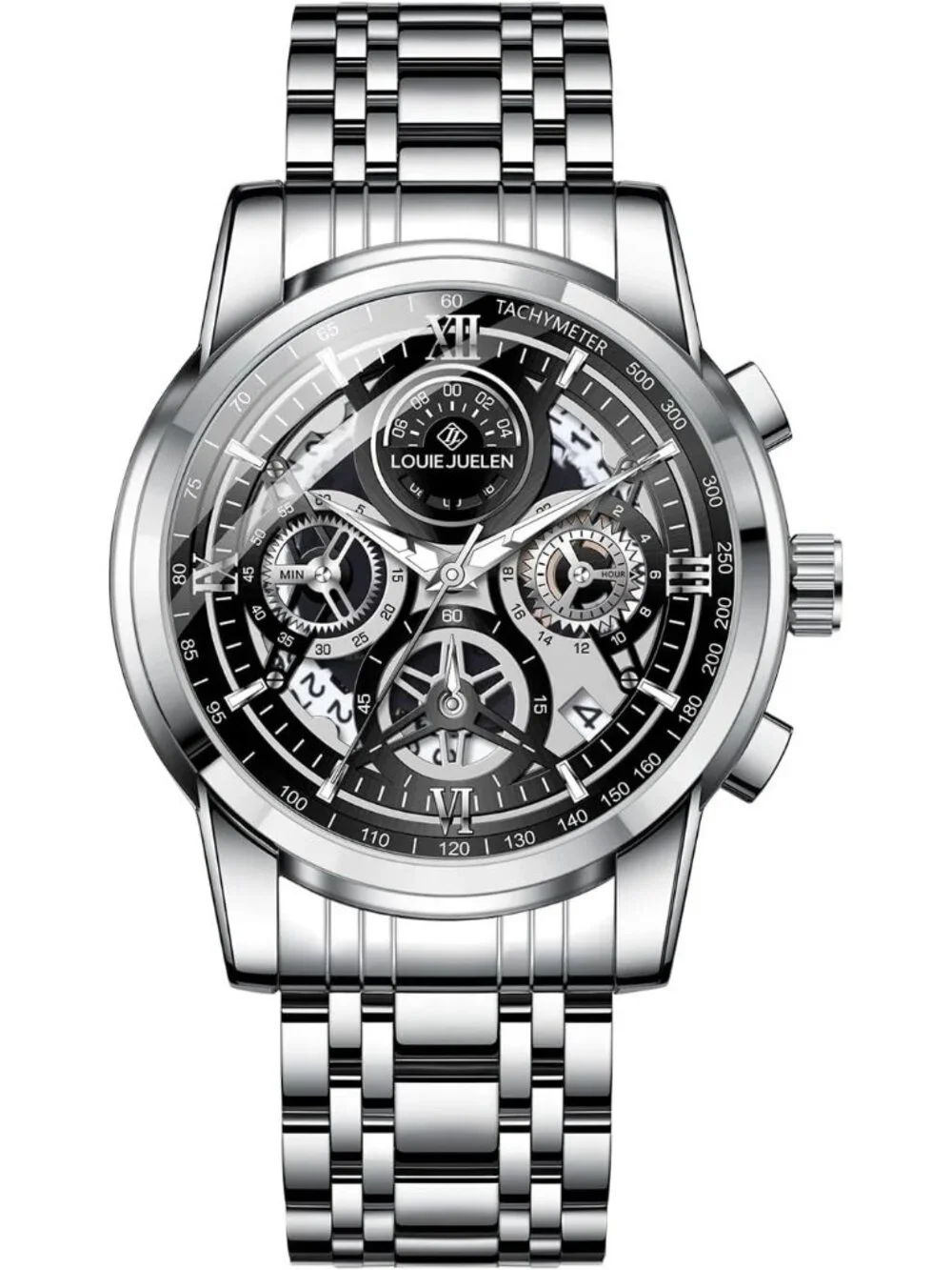 Men's Black Silver Chronograph Quartz Analog Stainless Steel Waterproof Watch